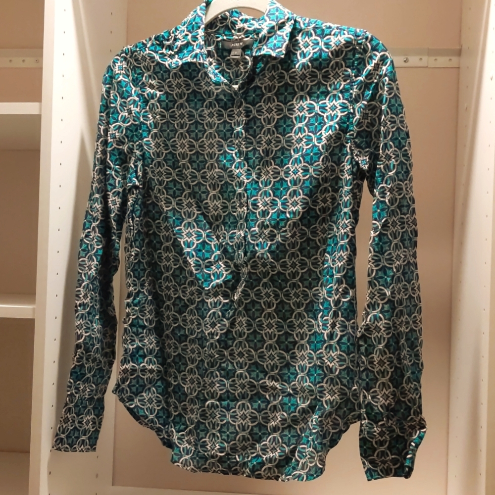 JCrew Navy and Green Print Blouse
